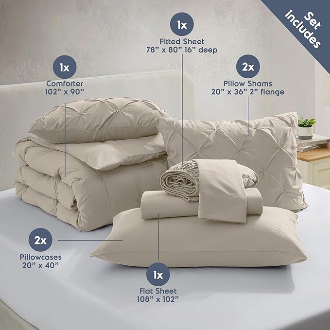 Nestl King Size Comforter Set 7 Pieces - Pinch Pleated Comforter Set in Beige, Bed in a Bag, All Season Bedding Set with Flat Sheet, Fitted Sheet, Pillowcases and Shams