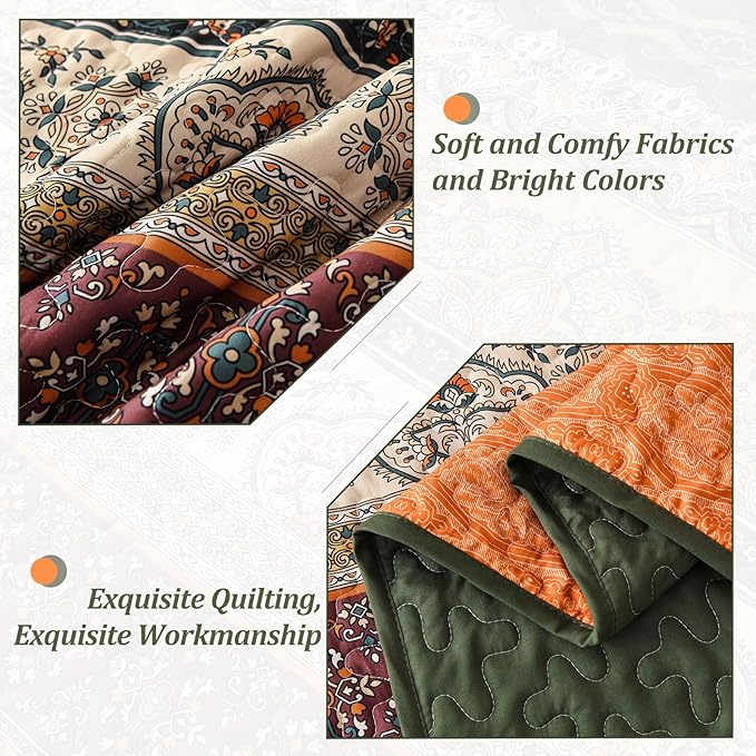 WONGS BEDDING Boho Queen Quilt Set, Green and Orange Bohemian Quilt Bedding Set, Fall Lightweight Bed Decor Bedspread for All Season Reversible Microfiber Coverlet Bedding Set 96"x90"(3 Pieces)