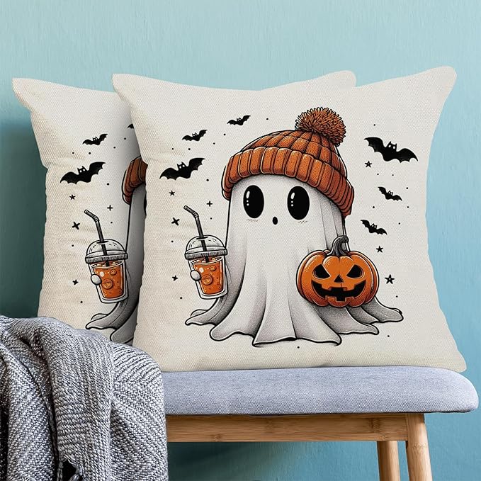 Halloween Pillow Covers 16 x 16 Inch, Burnt Orange Pumpkin Decor Throw Pillows for Home Couch Bed, Black Cream Cute Ghost Bat Fall Outdoor Decorative Pillowcase Linen Cushion Cover Set of 2