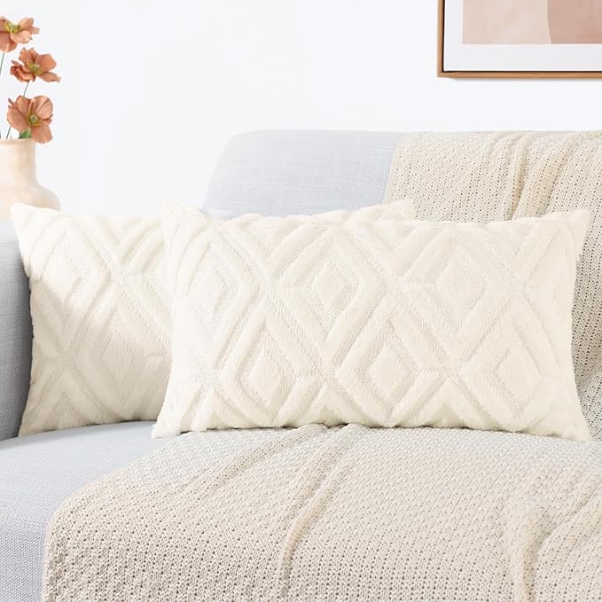 decorUhome Christmas Couch Throw Pillow Covers 12x20 Set of 2, Decorative Soft Plush Faux Wool Lumbar Neutral Accent Pillow Covers for Bed Sofa Living Room, Cream White