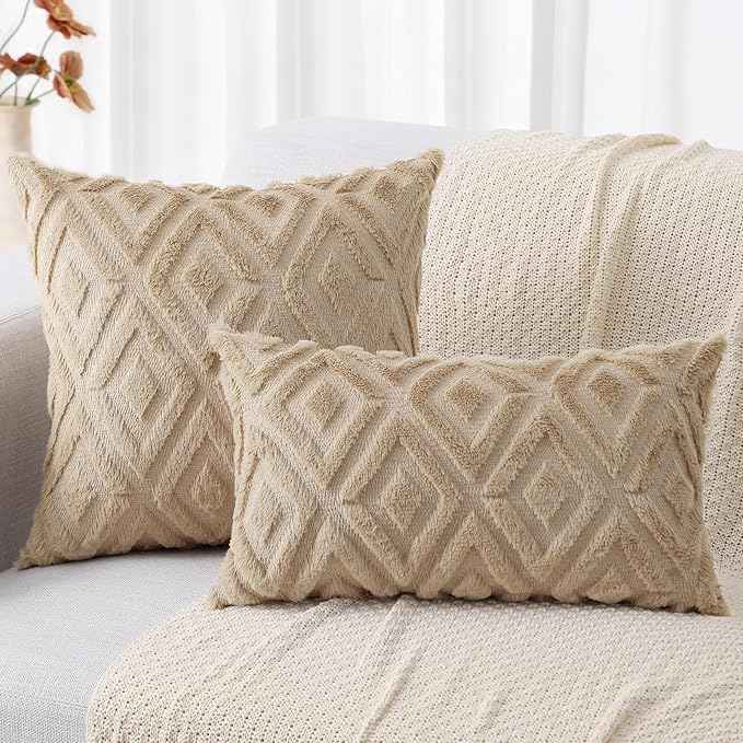 decorUhome Couch Throw Pillow Covers 22x22 Set of 2, Decorative Soft Plush Faux Wool Neutral Accent Pillow Covers for Bed Sofa Living Room, Light Khaki