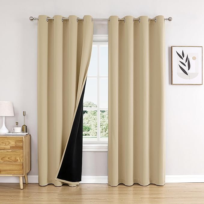 ChrisDowa 100% Blackout Curtains for Bedroom with Black Liner, 2 Thick Layers Total Blackout Thermal Insulated Grommet Window Curtains 2 Panels Set (Beige, 52 x 84 Inch)
