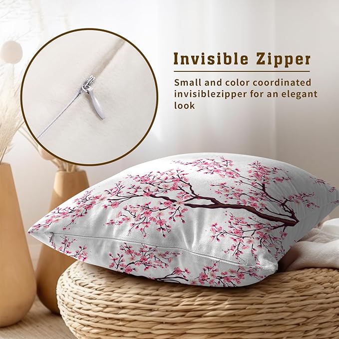 Cherry Blossom Throw Pillow Cover - Japanese Decorative Pillowcases 22x22 Inch Set of 2, Pink Flower Pillow Cases With Hidden Zipper for Home Cushion Decor