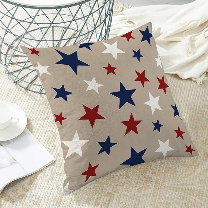 4th of July Pillow Covers 20 x 20 Inch, Red Blue White Patriotic Star Decor Throw Pillows for Couch, Vintage American Flag Independence Day Decorative Pillowcase Linen Cushion Cover Set of 2