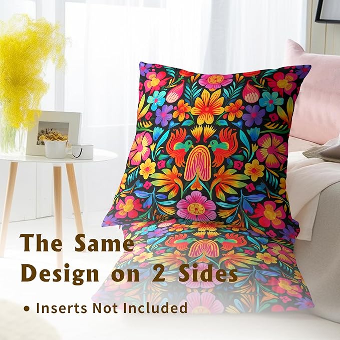 Mexican Throw Pillow Covers 16x16 - Mexico Pillow Cover Colorful Flowers Pillowcase Set of 2 Floral Birds Cushion Cover for Bedroom Home