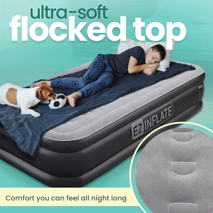 EZ INFLATE Air Mattress with Built in Pump - Twin Size Double-High Inflatable Mattress with Flocked Top - Easy Inflate, Waterproof, Portable Blow Up Bed for Camping & Travel