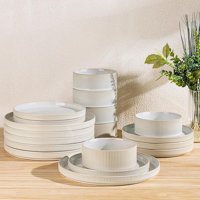 TheTerra Ceramic Dinnerware Sets for 6, 18 Pieces Porcelain Lightweight Plates and Bowls Sets, Scratch Resistant Dish Set, Oven & Microwave & Dishwasher Safe, Reactive White