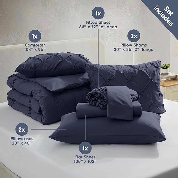 Nestl California King Comforter Set 7 Piece - Pintuck Cal King Comforter Set Navy, California King Bed in a Bag, All Season Bed Set with Flat Sheet and Fitted Sheet, Pillowcases and Shams