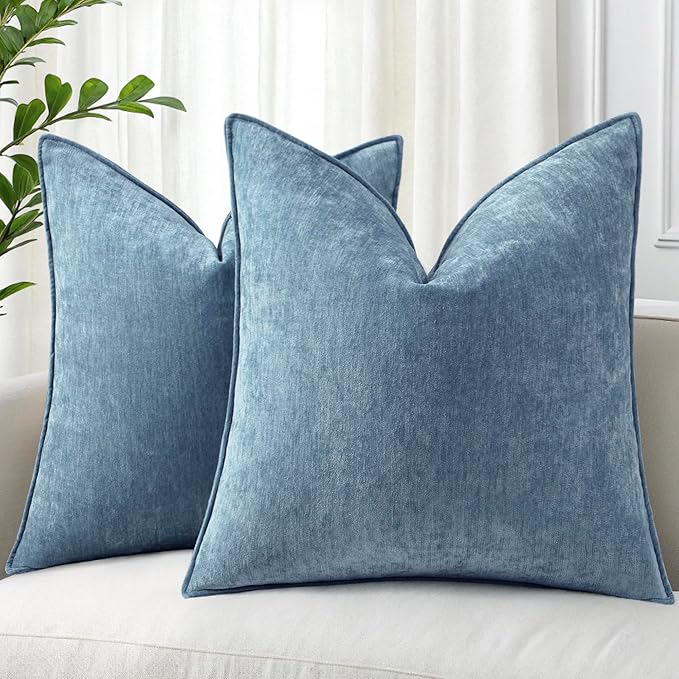 decorUhome Couch Throw Pillow Covers 16x16 Set of 2, Decorative Soft Euro Neutral Chenille Pillow Covers with Elegant Design for Sofa Bed Living Room Home Decor, Blue