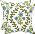 Alysheer Floral Embroidered Summer Decorative Throw Pillow Covers 20"x 20" Set of 2, Farmhouse Cottage Blue Flowers Green Leaves Knit Pattern Cotton Canvas Cushion Case for Couch Bed Living Room