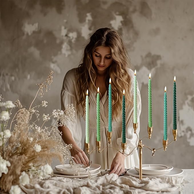 Green Spiral Taper Candles Unscented Smokeless Long Tall Tapered Candles for Candlesticks Sticks Wedding Advent Home Decor Dinner Christmas,10 Inch,12 Pack(E-Gradient Green)
