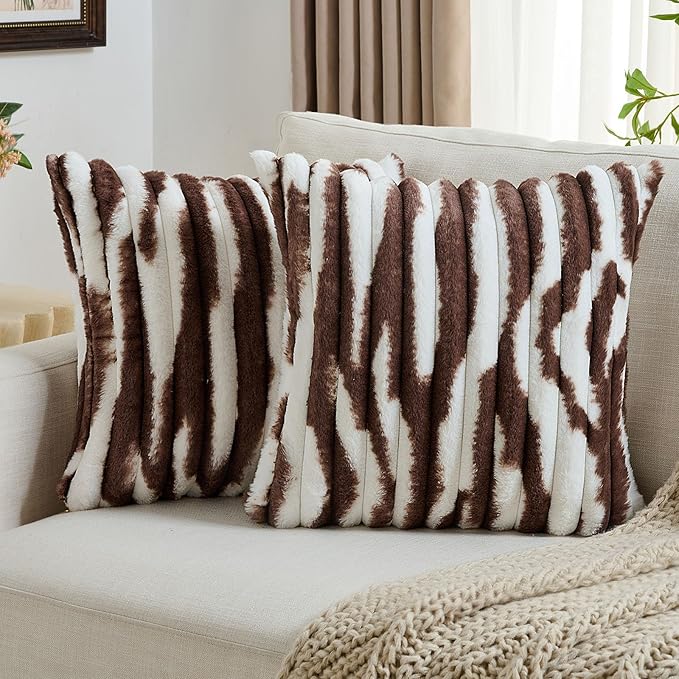 FUTEI Dark Coffee Decorative Throw Pillow Covers 22x22 Inch Set of 2, Soft Tie-Dye Faux Rabbit Fur Striped Texture Cushion Case, Modern Home Decor for Couch Bed Living Room
