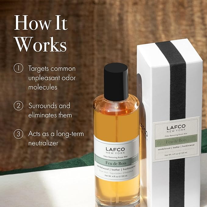 LAFCO New York Odor Removing Room Mist, Feu de Bois - 4 oz - Eliminates Unpleasant Scents & Provides Luxurious Fragrance - Up to 750 Pump Sprays Per Bottle - Made in the USA