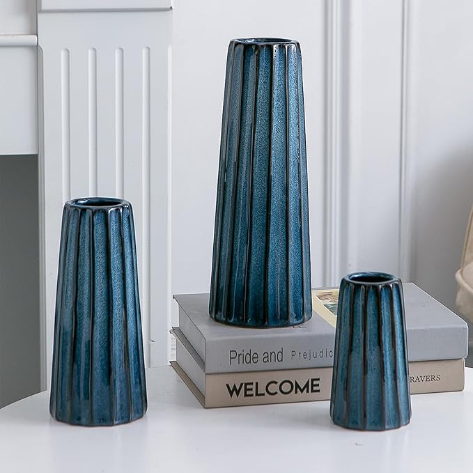 Blue Ceramic Vases - 3 Small Ribbed Vase for Flowers, Modern Minimalist Home Decor, Decorative Pottery Glazed Vase for Bookshelf, Fireplaces and Entryway Decor, Centerpieces for Dining Table