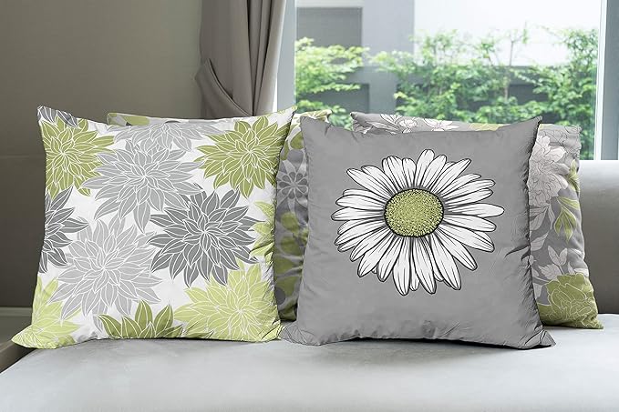 Ambesonne Floral Throw Pillow Cushion Case Pack of 4, Flower Petals Color Palette Chamomile Peony Dahlia and Sunflower, Accent Double-Sided Digital Printing, 20", Grey Pastel Green