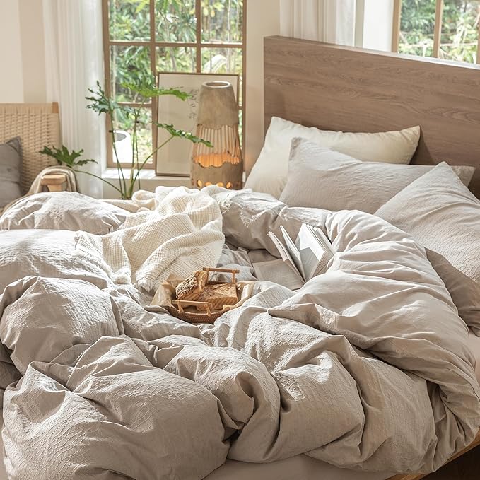 MooMee Wavy Striped Duvet Cover Set 100% Washed Cotton Linen Like Textured Breathable Durable Soft Comfy (Beige, Super Queen 90"x98")