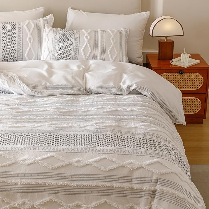 KAREVER Ivory Black Boho Comforter Set Twin Mixed Textures Jacquard Bedding Set Durable Chic and Stylish Bedroom Set