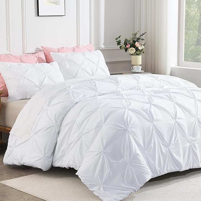 Andency White Oversized King Comforter Set (120x98Inch), 3 Pieces Lightweight Pinch Pleat Cal King Bedding Comforters & Sets, Oversized Pintuck Soft Fluffy Down Alternative Bed Set for All Season