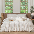 MooMee Striped Duvet Cover Set 100% Washed Cotton Linen Like Textured Breathable Durable Soft Comfy (White Almond Milk Grey Wide Stripes, Oversized Queen 98"x98")
