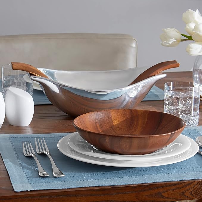 nambe Skye Wood Individual Salad Bowl | Mini Salad Bowls for Serving Salad, Pasta, Fruit, Nuts, Candy | Made of Acacia Wood | 9” D x 2” H | Designed by Robin Levien (SMALL)