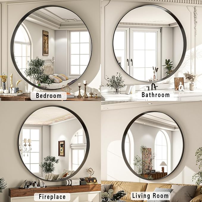48 inch Round Bathroom Mirror, Black Metal Deep Frame Wall Mounted Circle Mirror for Wall Decor, Living Room, Vanity, Entryway, Hanging or Leaning