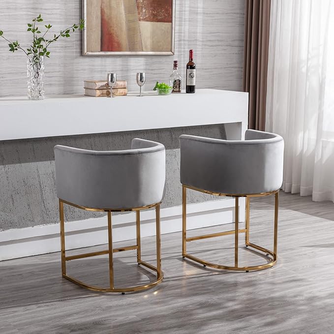Modern Counter Height Velvet Upholstered Bar Stools Set of 4, 24" Kitchen Counter Island Stools Bar Chairs with Gold Metal Frame for Kitchen Island, Gray