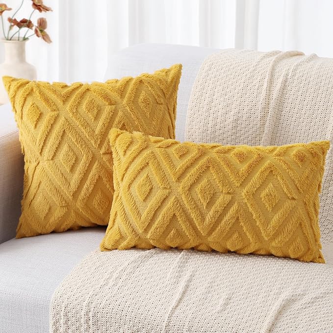 decorUhome Couch Throw Pillow Covers 26x26 Set of 2, Decorative Soft Plush Faux Wool Neutral Accent Pillow Covers for Bed Sofa Living Room, Mustard Yellow