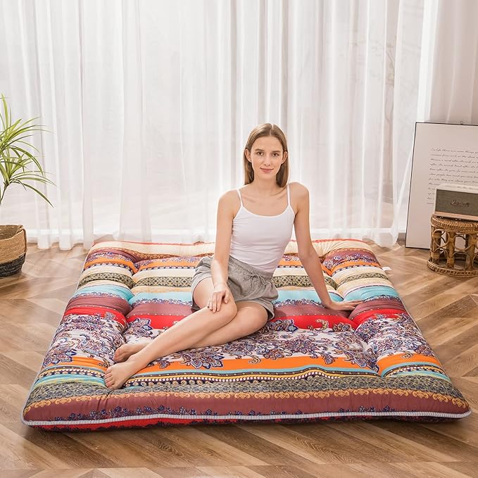 MAXYOYO Bohemian Retro Floor Mattress Vintage Floral Japanese Futon Mattress Roll Up Thicken Sleeping Bed Portable Camping Mattress Floor Lounger Couch Bed Mattress Pad, Full Size