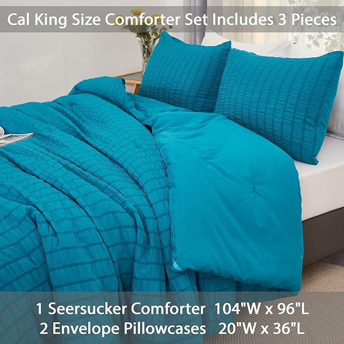 AveLom Teal Seersucker California King Comforter Set (104x96 inches), 3 Pieces-100% Soft Washed Microfiber Lightweight Comforter with 2 Pillowcases, All Season Down Alternative Bedding Set