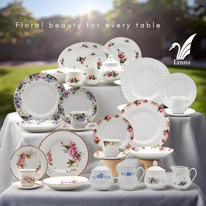 Lynns Paradise Royal Rose Floral 45-Piece Dinnerware Set | Silver Trim | Embossed Swirl | Plates & Bowls Sets | Apartment Essentials | Home Kitchen Accessories | Floral Print