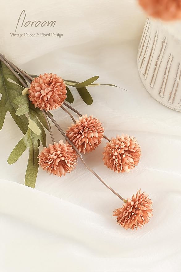 Floroom 5pcs Burnt Orange Faux Silk Mums Artificial Flowers, Bulk Fake Small Mini Chrysanthemums with Stems for DIY Terracotta Wedding Centerpieces Floral Arrangements Vase Fillers Home Decorations