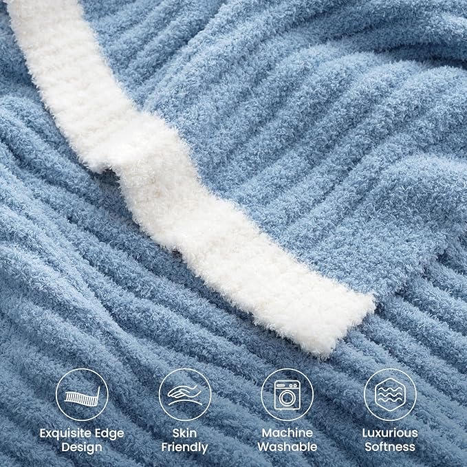 Snuggle Sac Warm King Size Blanket for Bed, Cozy Soft Fuzzy Microfiber Knit Stripe Bedding Blankets, Blue, 108x90 inches
