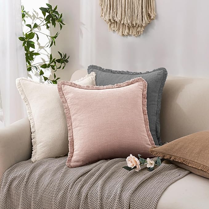 Woaboy Set of 2 Decorative Linen Fringe Throw Pillow Covers Boho Farmhouse Cushion Covers Accent Pillowcases with Tassels for Living Room Couch Sofa Bed Chair,18x18 Inch,Light Pink