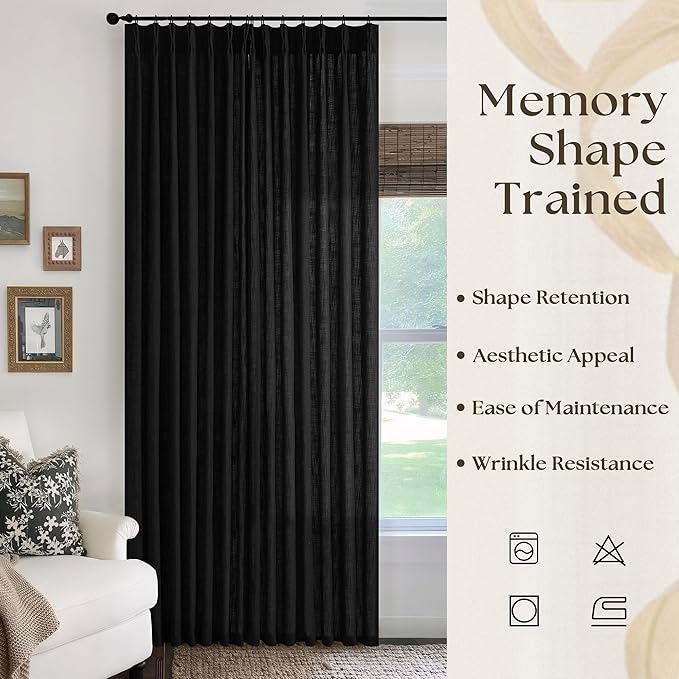 Black Linen Semi Sheer Curtains 96 Inches Long for Living Room Bedroom Light Filtering Black Textured Burlap Pinch Pleated Curtains 96 Length Hooks Rings Back Tab for Sliding Glass Door 1 Panel