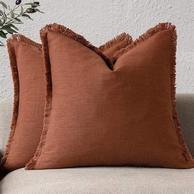 Foindtower Set of 2 Decorative Linen Fringe Throw Pillow Covers Farmhouse Cushion Cover with Tassels Soft Accent Pillowcase for Couch Chair Sofa Bed Living Room Home Decor,24×24 Inch,Fall Rust Orange