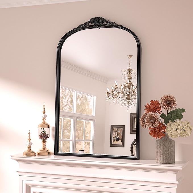 Keonjinn Vinatge Mirror 24" x 36", Black Wall Mirror Decorative, Antique Decor with Metal Frame, Baroque Arched Mirror for Mantle, Bathroom, Living Room, Hallway, Fireplace