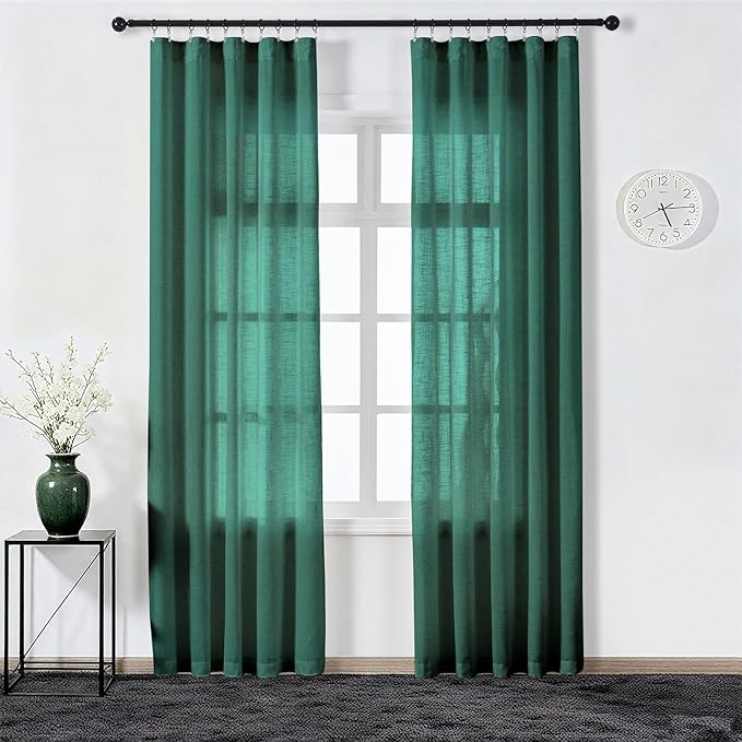 Emerald Green Curtains Semi Sheer 102 Inch Long, Dark Linen Textured Light Filtering Drapes for Living Room, Hunter Green Window Decor, Floor to Ceiling Pinch Pleat Curtain with Hooks