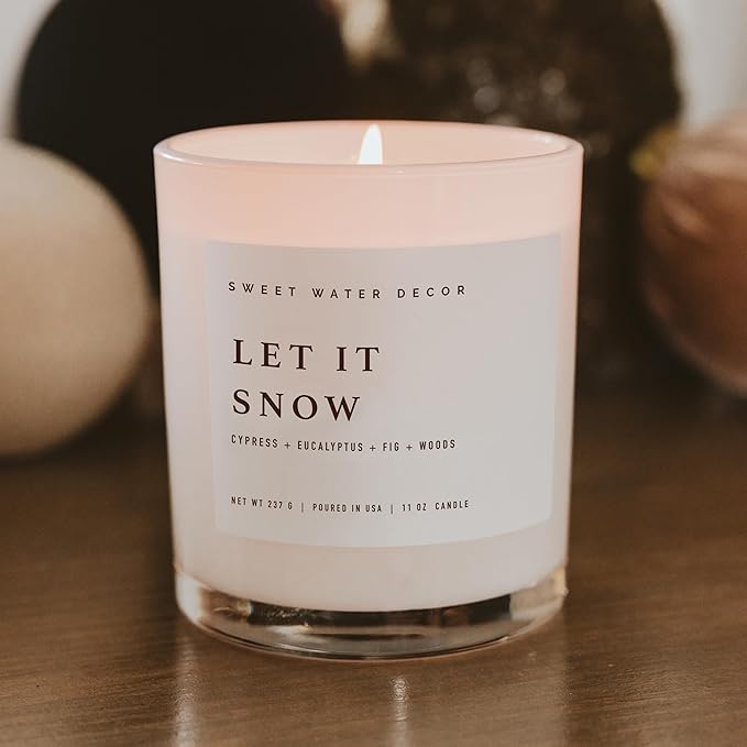 Sweet Water Decor Let it Snow Christmas Scented Candles - Christmas Stocking Stuffers Soy Candles with Cypress Scent - Christmas Candles with 50 Hours Burn Time - 11Oz Wood Lid White Jar Wax Candles