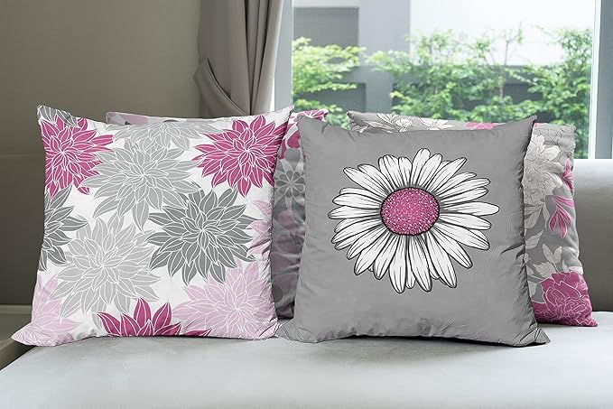 Ambesonne Floral Throw Pillow Cushion Case Pack of 4, Flower Petals Modern Color Palette Chamomile Peony Dahlia and Sunflower Print, Modern Accent Double-Sided Digital Printing, 16", Pink and Grey