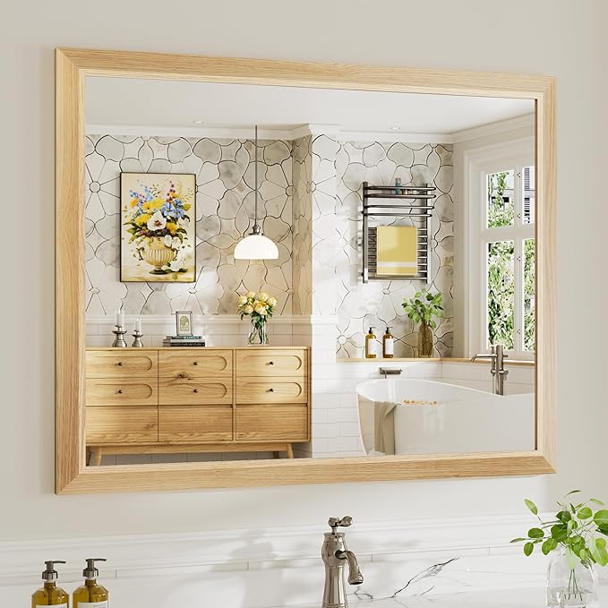 40x32 Inch Bathroom Mirror for Wall, Anti-Rust Oak Wood Grain Metal Framed Bathroom Mirrors for Over Sink,Rectangler Mirrors for Bathroom Vanity, Farmhouse, Bedroom, Living Room, Entryway Decor