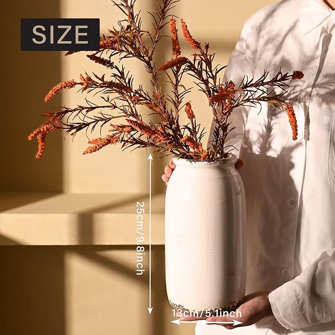 VICTOR & TERESA Rustic Large White Vase for Home Decor, 10'' Tall Ceramic Vases for Flowers, Farmhouse Decorative Vases for Pampas Grass, Table, Mantel, Living Room, Centerpieces