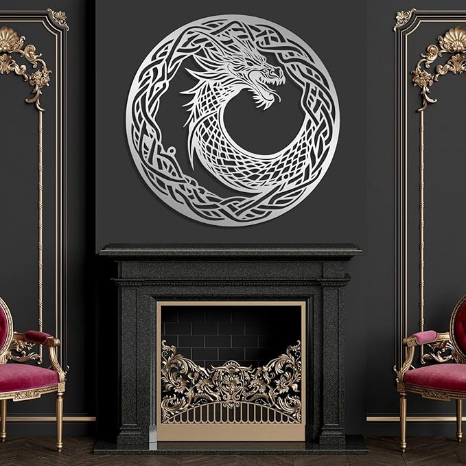 Viking Ouroboros Metal Wall Art, Viking Metal Wall Decor, Celtic Knot Wall Hanging, Nordic Dragon Decor, Scandinavian Sign, Vegvisir Art, Norse Mythology Home Decor (Black, 19"x19"|47x47cm)