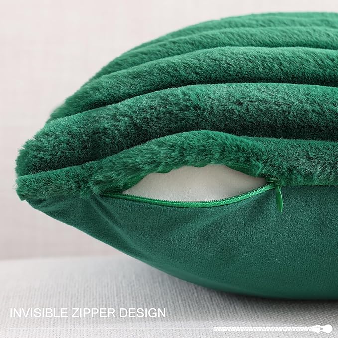 Pallene Faux Fur Plush Christmas Throw Pillow Covers 26x26 Set of 2, Luxury Soft Fluffy Striped Decorative Pillow Covers for Sofa, Couch, Living Room, Christmas Green