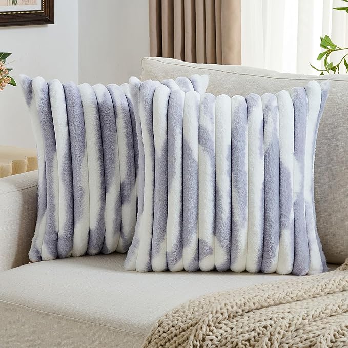 FUTEI Light Purple Decorative Throw Pillow Covers 18x18 Inch Set of 2, Soft Tie-Dye Faux Rabbit Fur Striped Texture Cushion Case, Modern Home Decor for Couch Bed Living Room