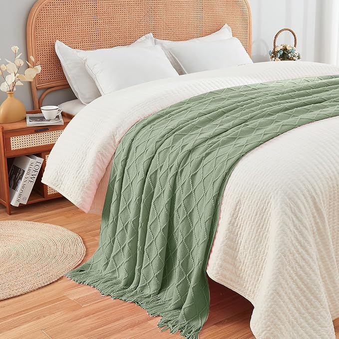 inhand Sage Green Throw Blanket for Couch, Soft Living Room Home Decor Knitted Blanket with Tassel, Outdoor Lightweight Breathable Summer Blanket, Farmhouse Warm Woven Decorative, 50"x60"