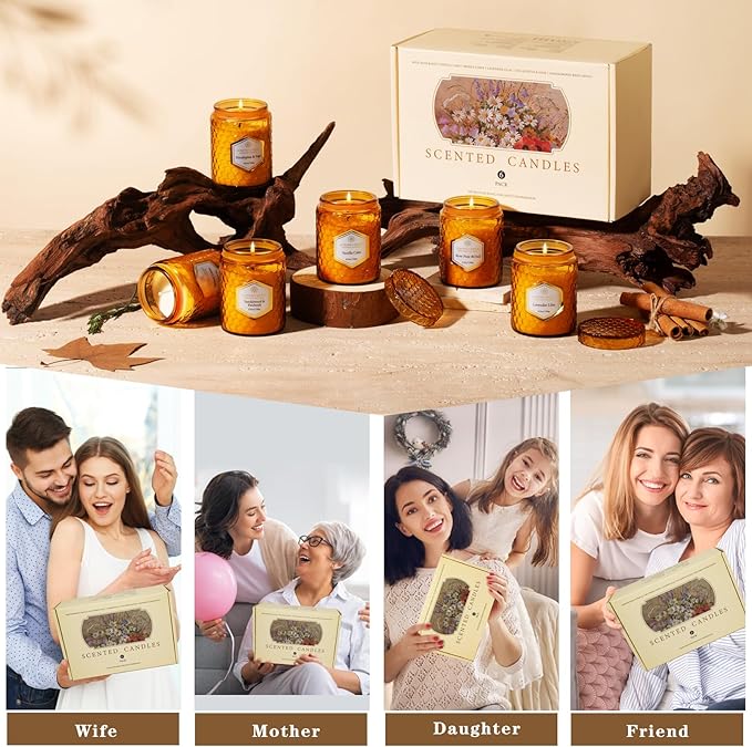 6 Pack Natural Soy Wax Jar Candles for Home Scented, 33 oz 240 Hour Long Lasting Aromatherapy Fall Candles Gifts for Women Birthday | Thanksgiving Day Christmas | Amber Candles|
