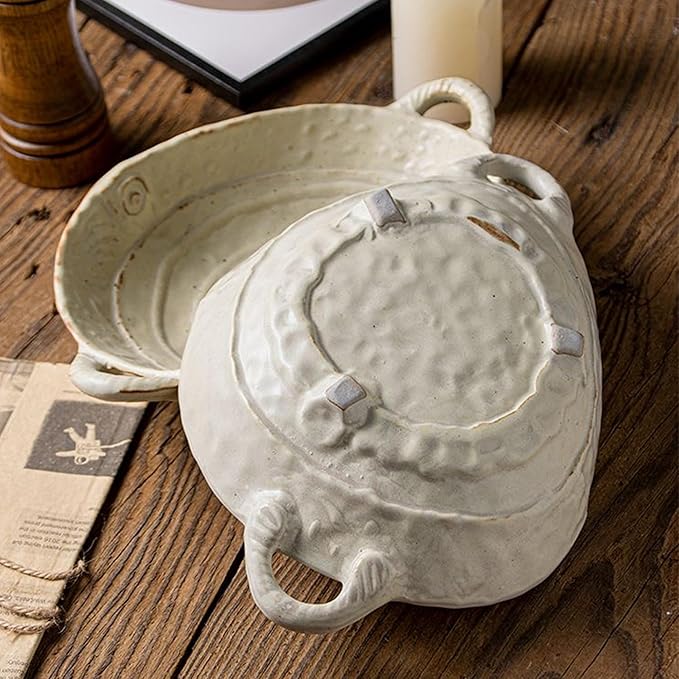 Free-Form Edge Ceramic Bowl with Handles, Size Small, Retro Distressed Style Glazed for Fruit Bowl,Salad Bowl,Table Centerpiece Decor