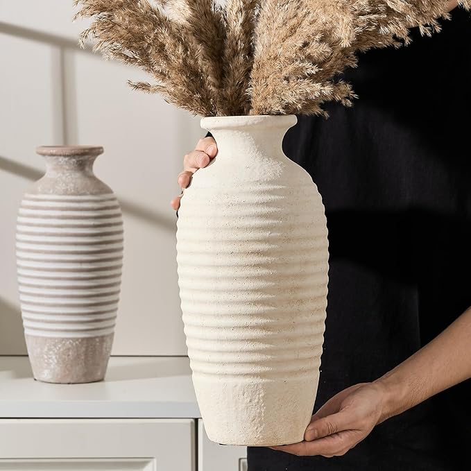 Ceramic Natural Rustic Vase, 14.4 Inch Large Vintage Flower Threaded Decorative Farmhouse Tall Vase for Home Decor, Living Room, Shelf Decor, Wedding, Housewarming Gift, Off-White