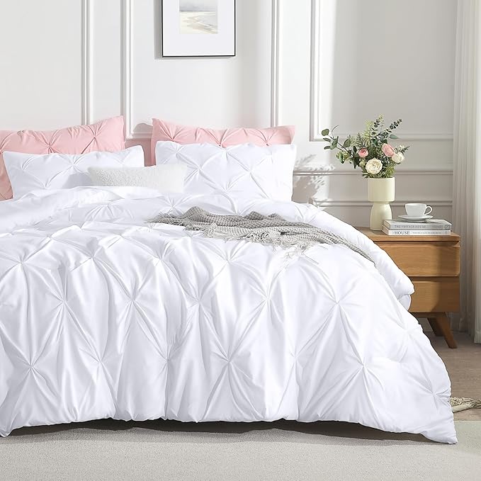 Andency White Oversized King Comforter Set (120x98Inch), 3 Pieces Lightweight Pinch Pleat Cal King Bedding Comforters & Sets, Oversized Pintuck Soft Fluffy Down Alternative Bed Set for All Season