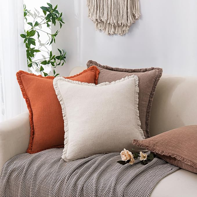 Woaboy Set of 2 Decorative Linen Fringe Throw Pillow Covers Boho Farmhouse Euro Cushion Covers Accent Pillowcases with Tassels for Living Room Couch Sofa Bed Chair,26x26 Inch,Rust Brick
